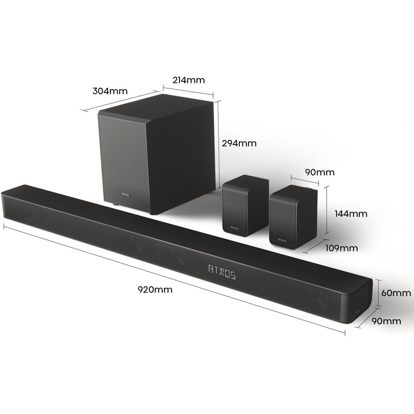 HISENSE 5.1 Ch Soundbar 340W + Dolby Atmos, Wireless Subwoofer w/ Surround Speakers AX5100G - Black