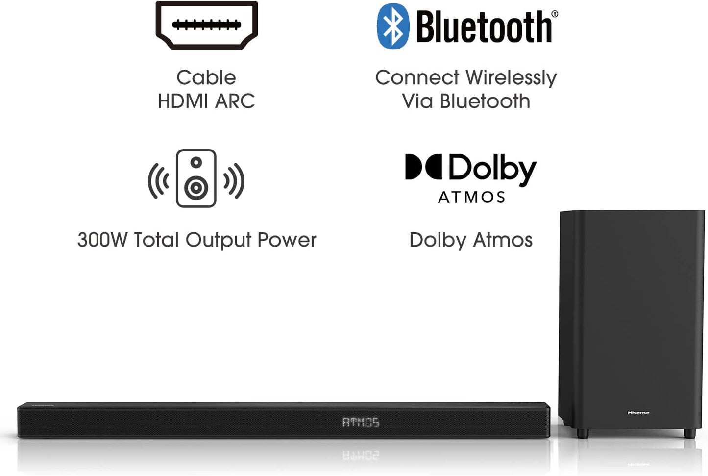 Hisense Soundbar: HS312 3.1 CH 300W with Dolby Atmos, Bluetooth, and Wireless Subwoofer